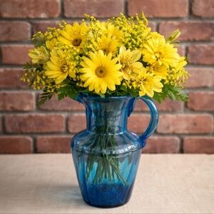 Vintage Hand Blown Blue Glass Pitcher Vase